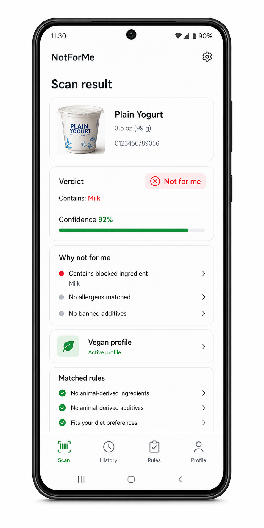 NotForMe app scan result preview showing a product verdict and confidence score